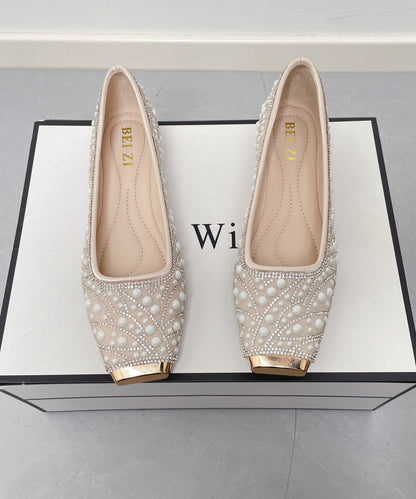 Fashion Nail Bead Zircon Splicing Penny Loafers Apricot Faux Leather