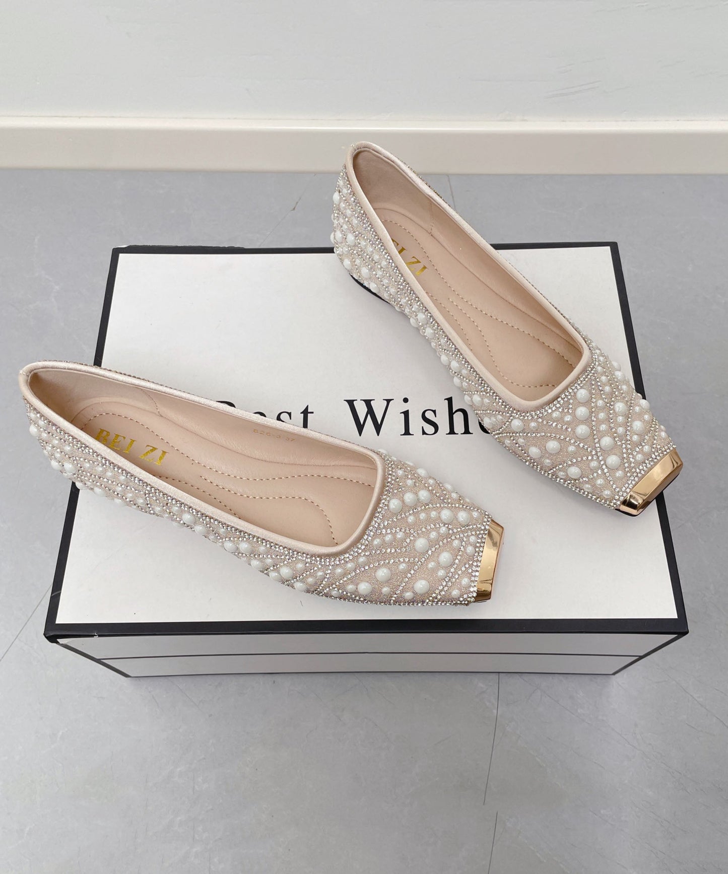 Fashion Nail Bead Zircon Splicing Penny Loafers Apricot Faux Leather