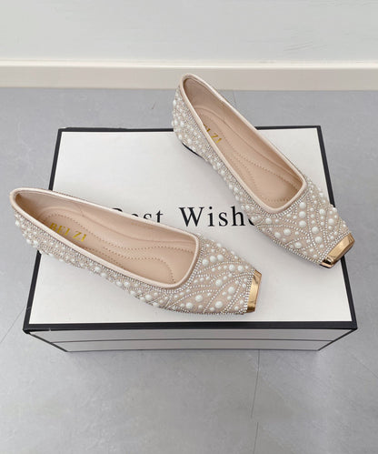 Fashion Nail Bead Zircon Splicing Penny Loafers Apricot Faux Leather