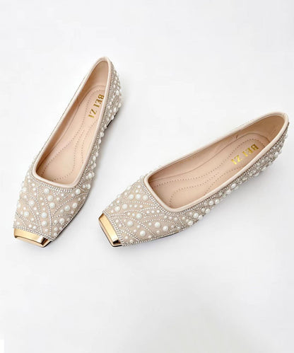 Fashion Nail Bead Zircon Splicing Penny Loafers Apricot Faux Leather