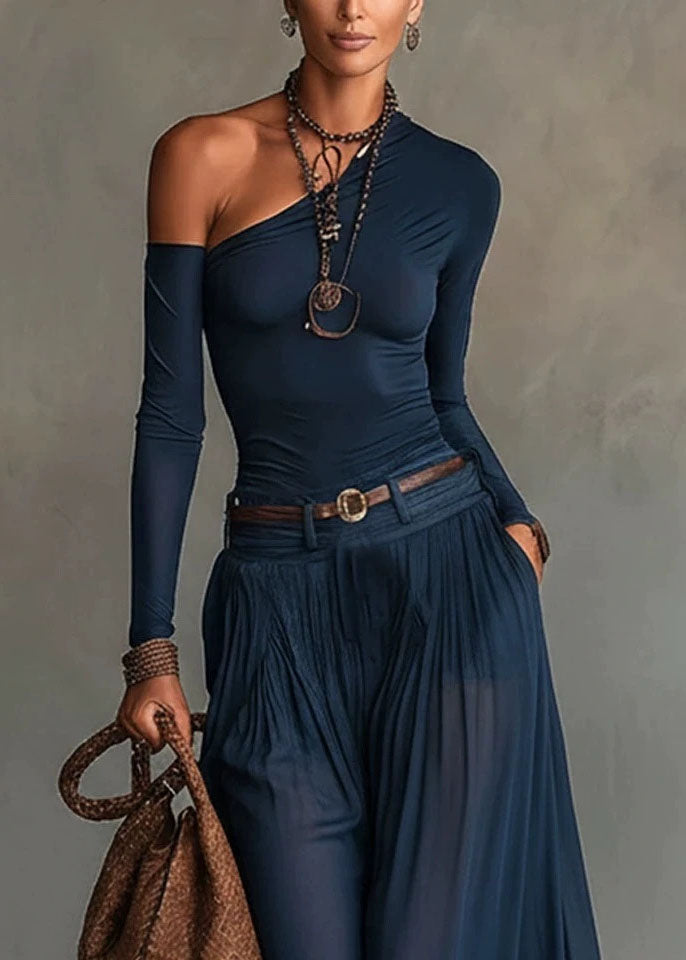 Fashion Navy Cold Shoulder Cotton Two Piece Set Women Clothing Fall