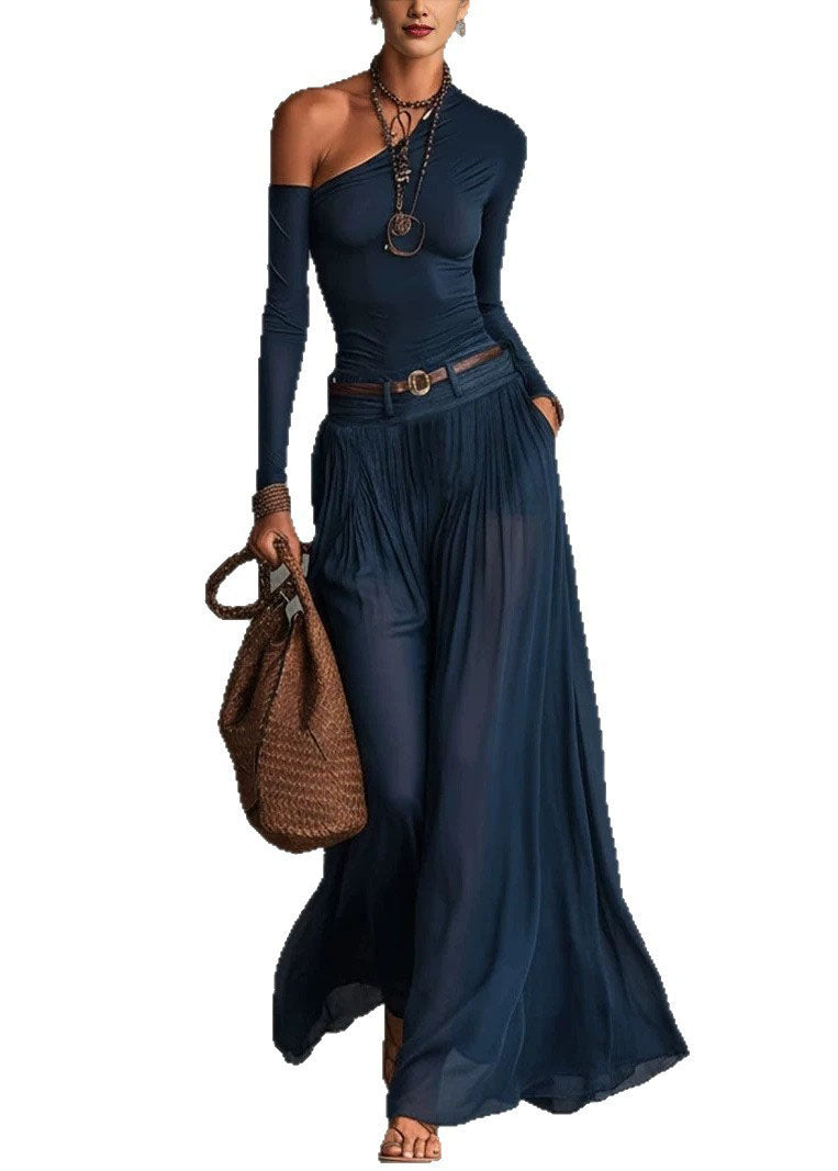 Fashion Navy Cold Shoulder Cotton Two Piece Set Women Clothing Fall