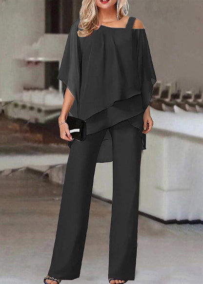Fashion Navy Cold Shoulder Patchwork Chiffon Two Pieces Set Summer