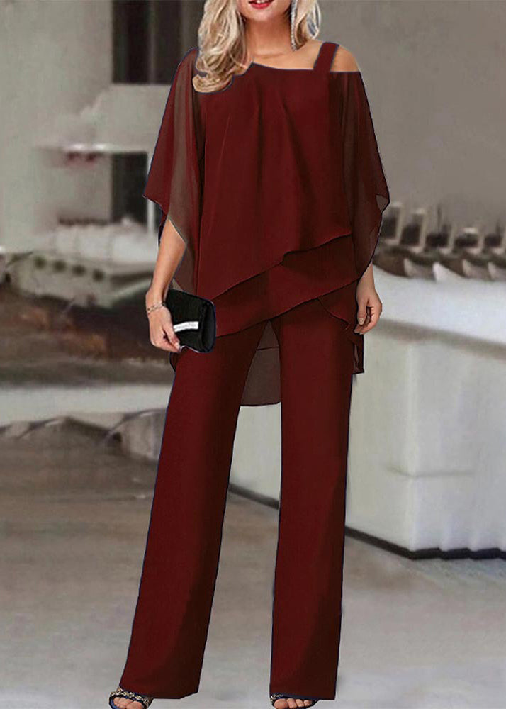 Fashion Navy Cold Shoulder Patchwork Chiffon Two Pieces Set Summer