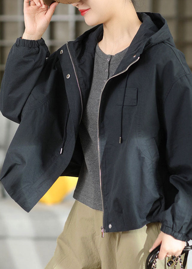 Fashion Navy Drawstring Zippered Hoodie Coat Fall