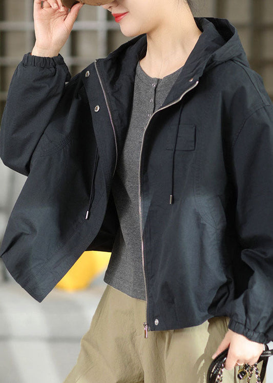 Fashion Navy Drawstring Zippered Hoodie Coat Fall
