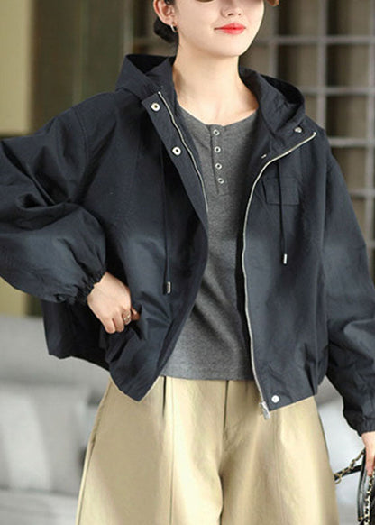 Fashion Navy Drawstring Zippered Hoodie Coat Fall