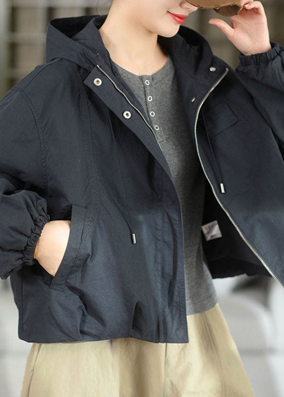 Fashion Navy Drawstring Zippered Hoodie Coat Fall
