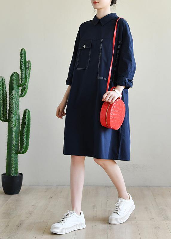 Fashion Navy Long Sleeve Peter Pan Collar Cotton Spring Dresses - SooLinen