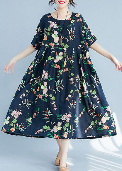 Fashion Navy O-Neck zippered Pocket Floral Print Dresses Short Sleeve