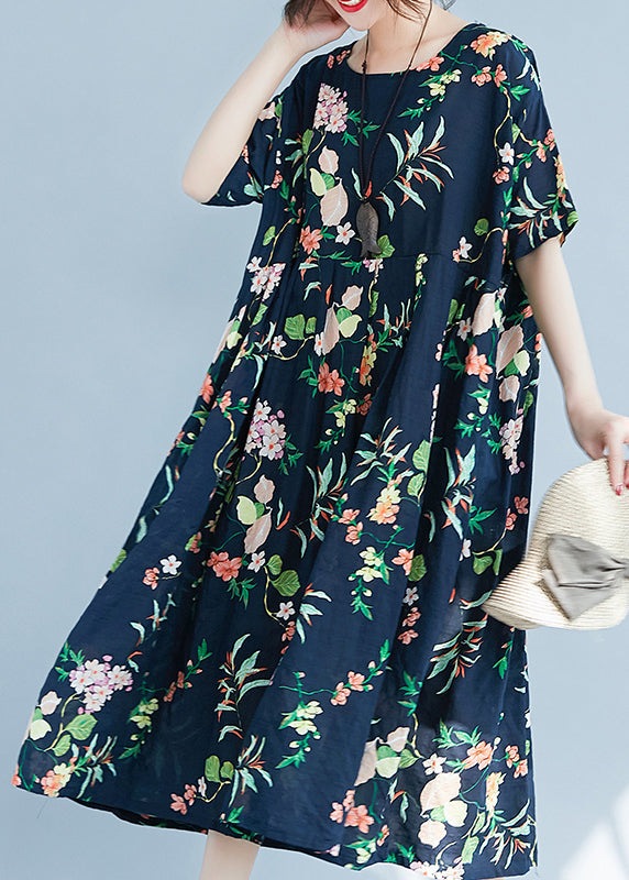 Fashion Navy O-Neck zippered Pocket Floral Print Dresses Short Sleeve