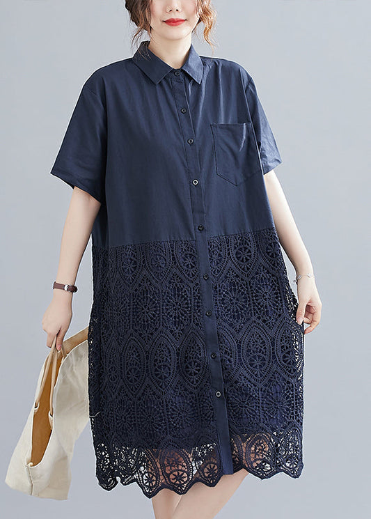 Fashion Navy Peter Pan Collar Button Lace Patchwork Hollow Out Shirt Dress Short Sleeve