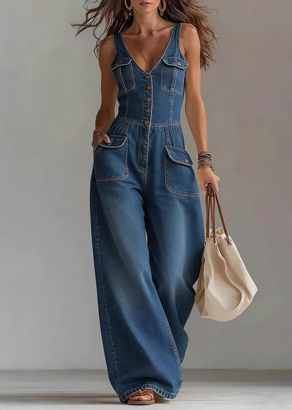 Fashion Navy V Neck Pockets Patchwork Denim Jumpsuit Summer