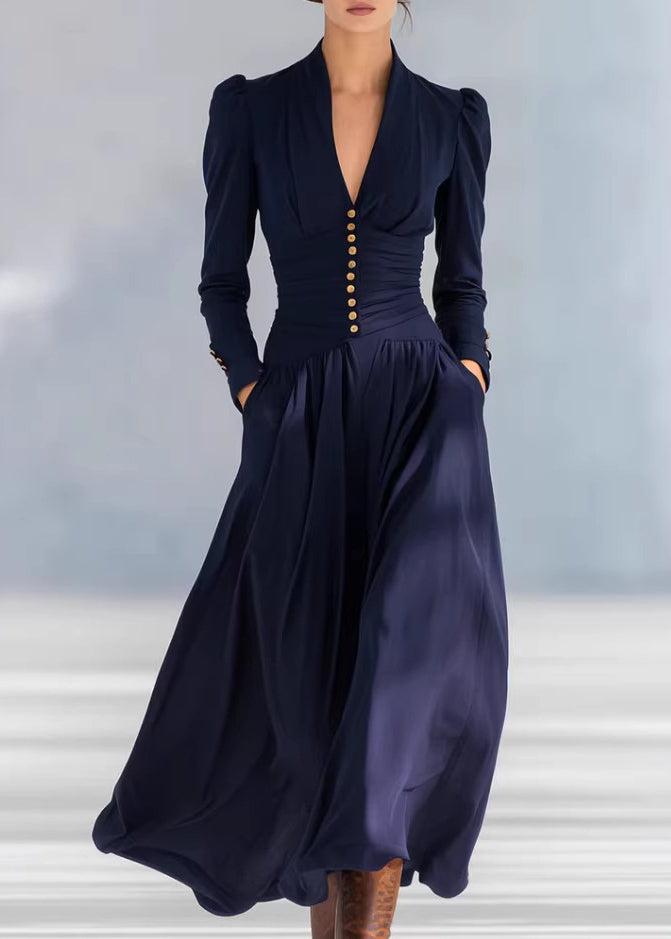 Fashion Navy V Neck Puff Sleeve Patchwork Cotton Long Dresses