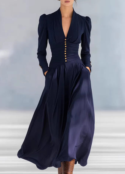Fashion Navy V Neck Puff Sleeve Patchwork Cotton Long Dresses