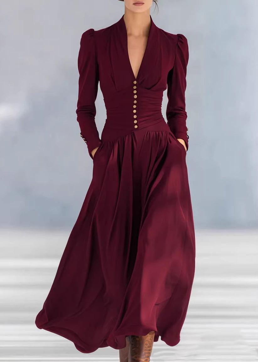 Fashion Navy V Neck Puff Sleeve Patchwork Cotton Long Dresses