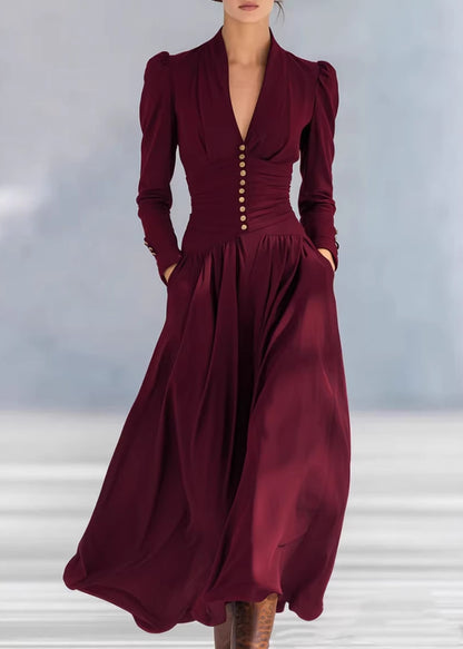 Fashion Navy V Neck Puff Sleeve Patchwork Cotton Long Dresses