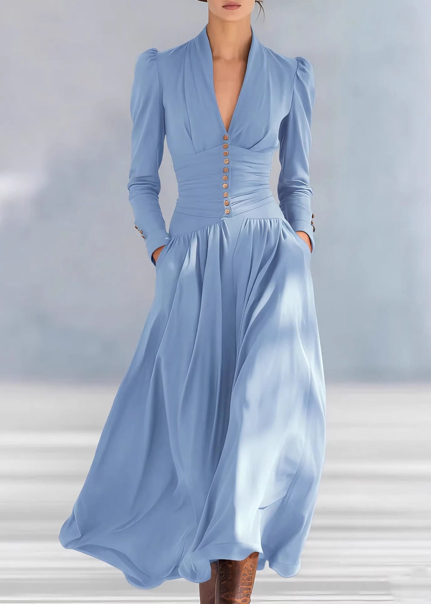 Fashion Navy V Neck Puff Sleeve Patchwork Cotton Long Dresses