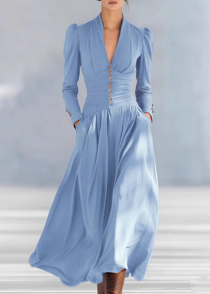 Fashion Navy V Neck Puff Sleeve Patchwork Cotton Long Dresses