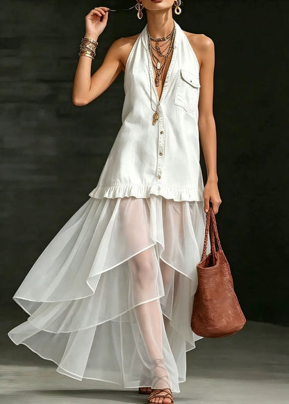 Fashion Navy V Neck Ruffled Patchwork Denim Dresses Sleeveless