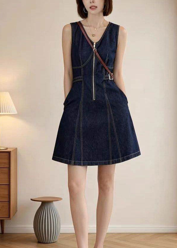 Fashion Navy Zip Up Denim Mini Dress Summer