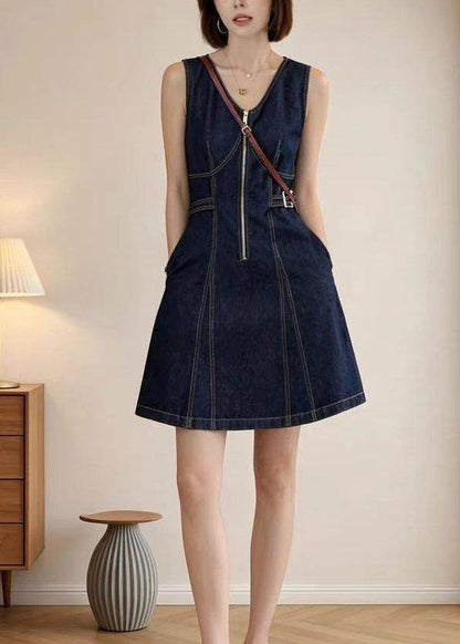 Fashion Navy Zip Up Denim Mini Dress Summer