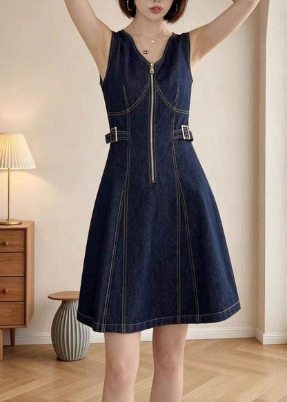 Fashion Navy Zip Up Denim Mini Dress Summer