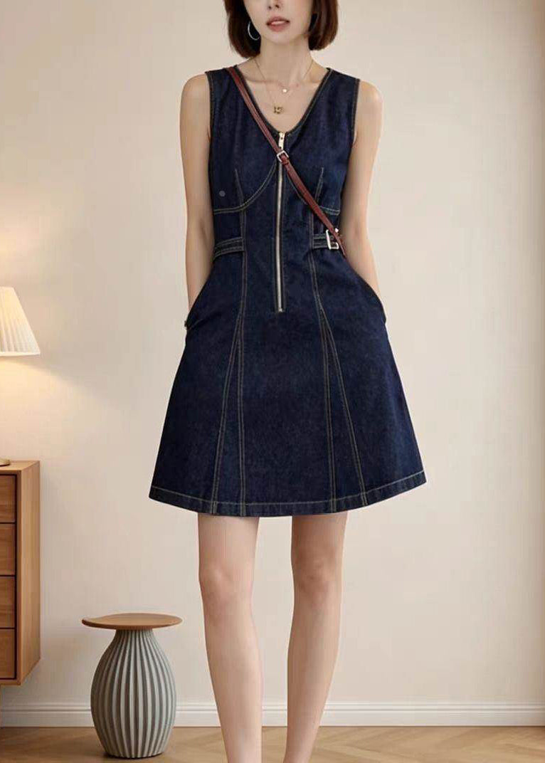 Fashion Navy Zip Up Denim Mini Dress Summer