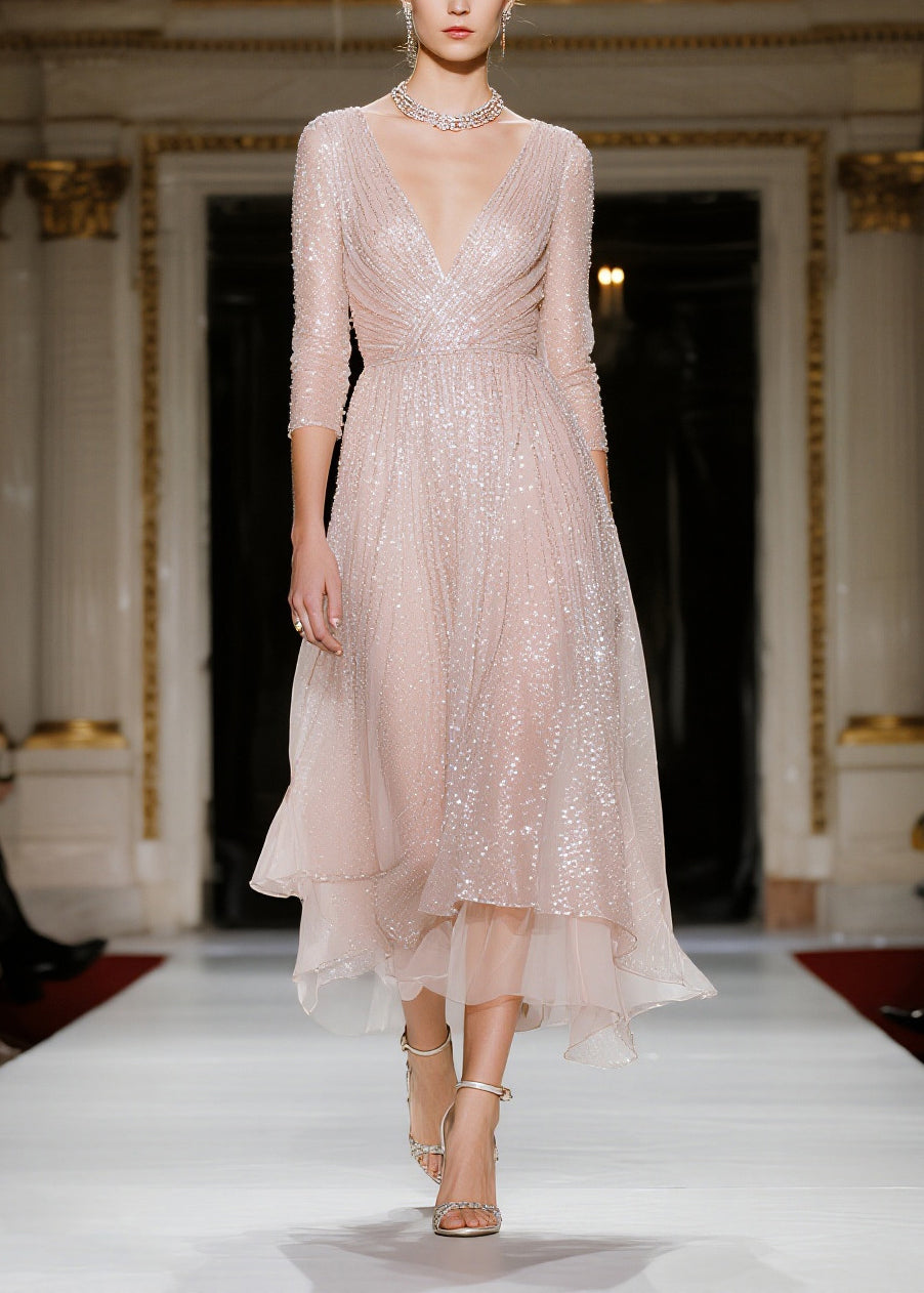 Fashion Nude Sequins V Neck Tulle Vacation Dresses Summer