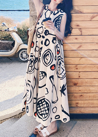 Fashion O Neck Graffiti Print Cotton Long Dress Sleeveless