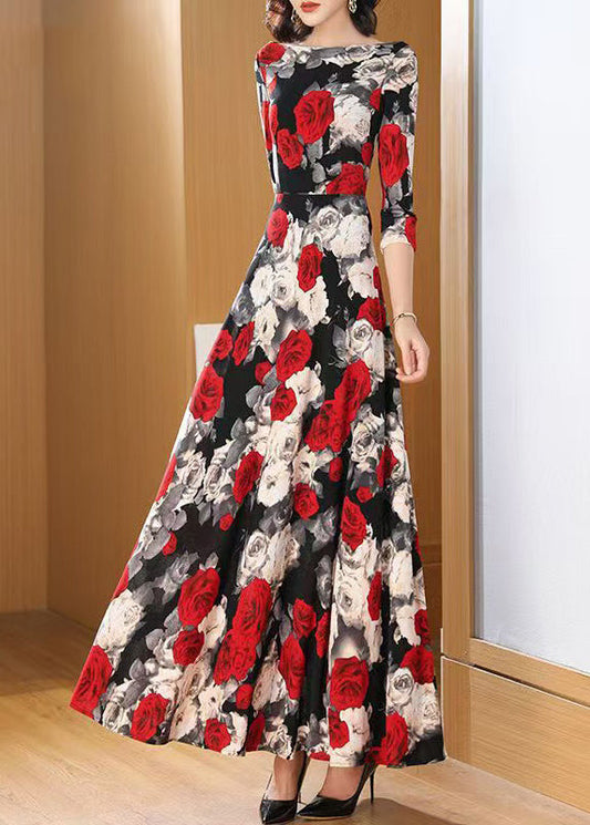 Fashion O Neck Print Chiffon Long Dress Bracelet Sleeve