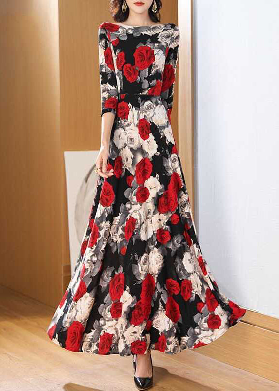 Fashion O Neck Print Chiffon Long Dress Bracelet Sleeve