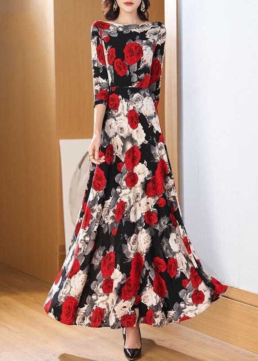 Fashion O Neck Print Chiffon Long Dress Bracelet Sleeve