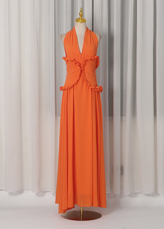 Fashion Orange Backless Ruffled Patchwork Chiffon Dress Sleeveless