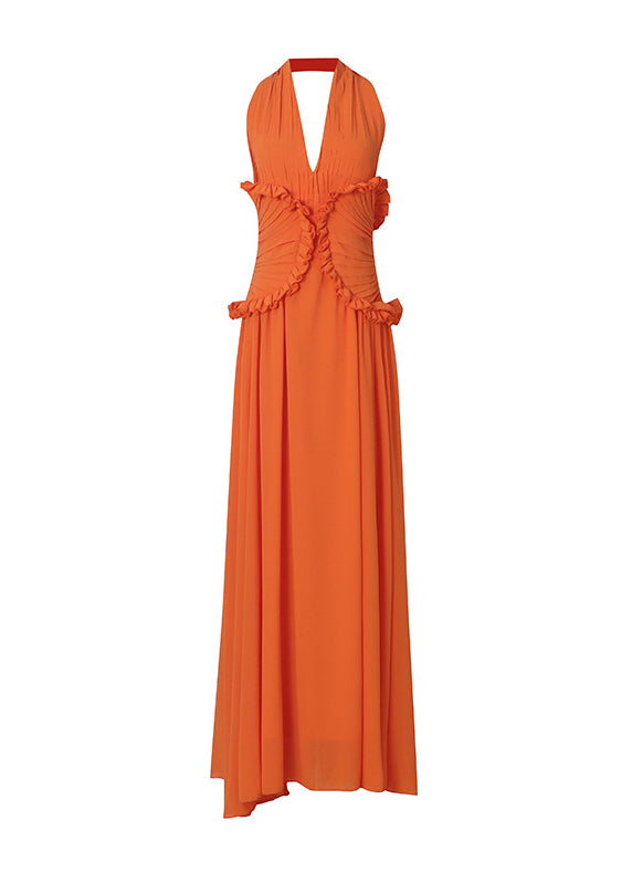 Fashion Orange Backless Ruffled Patchwork Chiffon Dress Sleeveless