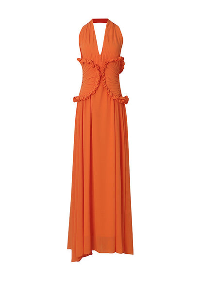 Fashion Orange Backless Ruffled Patchwork Chiffon Dress Sleeveless