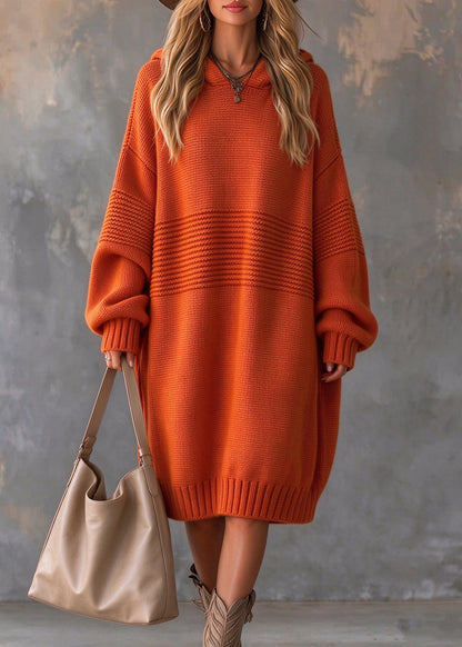 Fashion Orange Hooded Oversized Long Knit Dress Winter