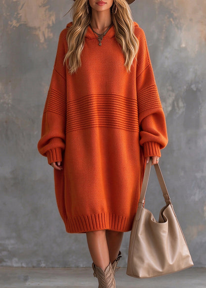 Fashion Orange Hooded Oversized Long Knit Dress Winter