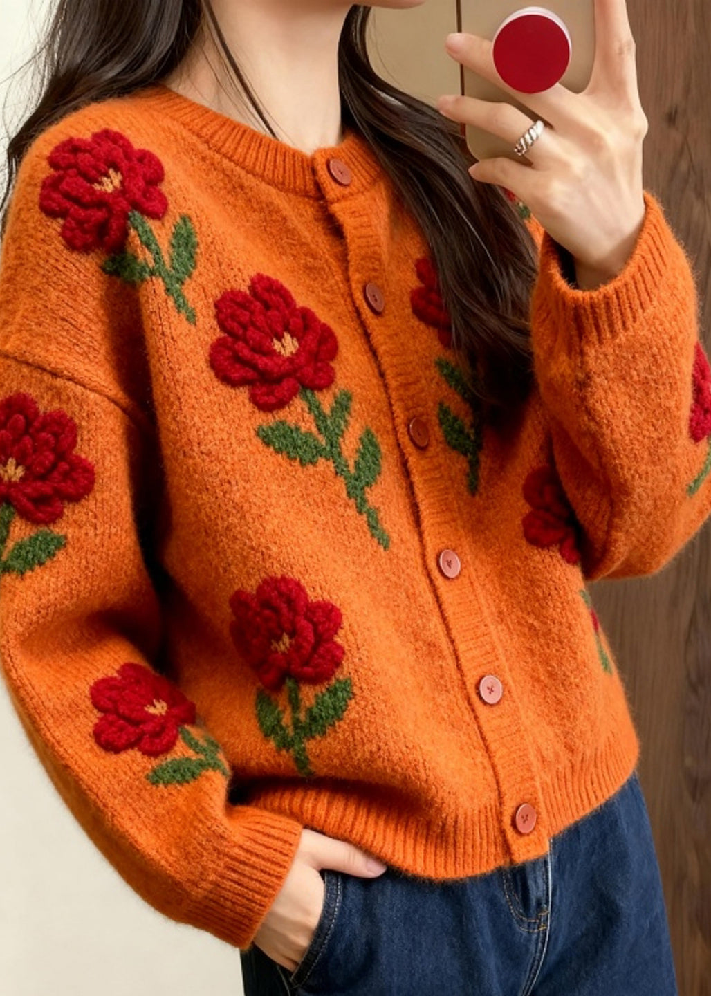 Fashion Orange O Neck Floral Knit Loose Cardigans Spring