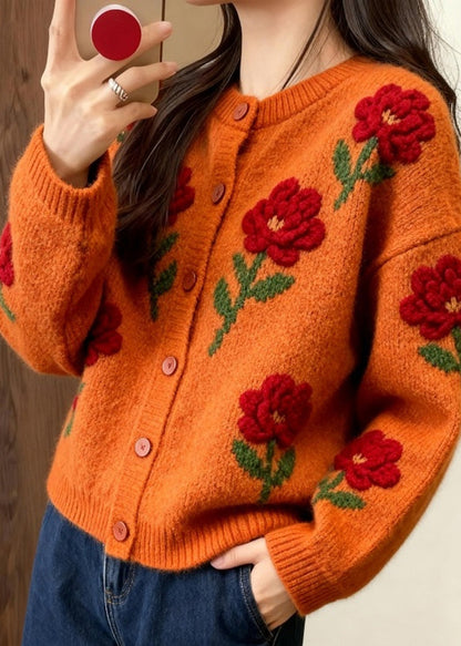 Fashion Orange O Neck Floral Knit Loose Cardigans Spring