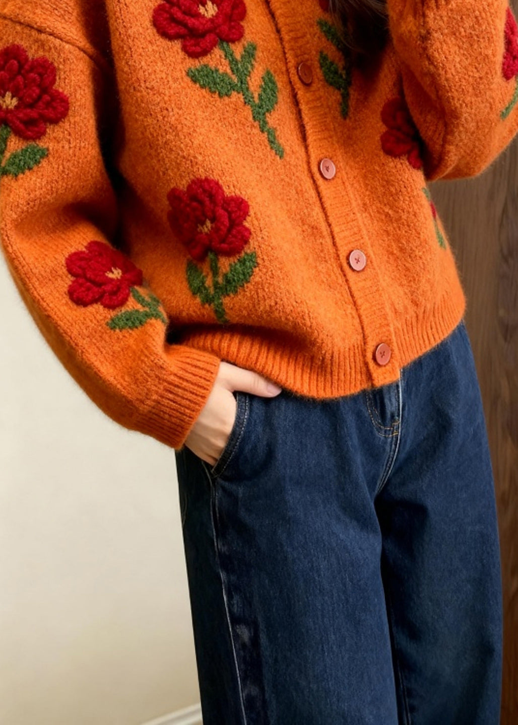 Fashion Orange O Neck Floral Knit Loose Cardigans Spring