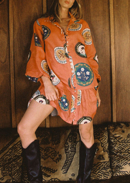 Fashion Orange Oversized Print Linen Dresses Lantern Sleeve
