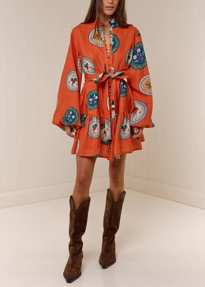 Fashion Orange Oversized Print Linen Dresses Lantern Sleeve