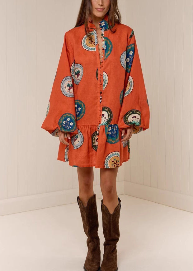 Fashion Orange Oversized Print Linen Dresses Lantern Sleeve