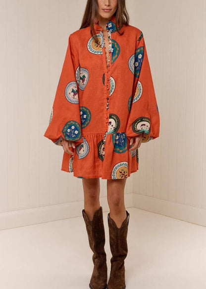 Fashion Orange Oversized Print Linen Dresses Lantern Sleeve
