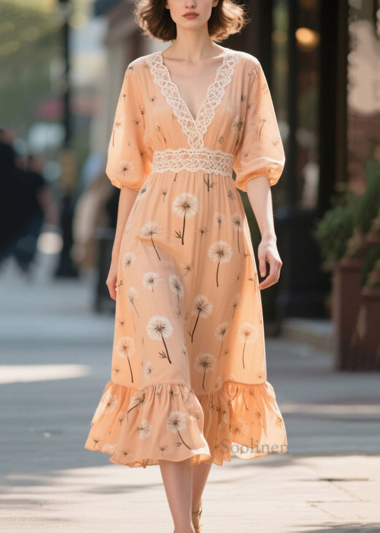 Fashion Orange Print Patchwork Chiffon Long Dress Summer