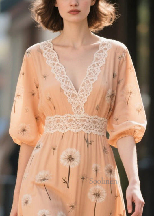 Fashion Orange Print Patchwork Chiffon Long Dress Summer