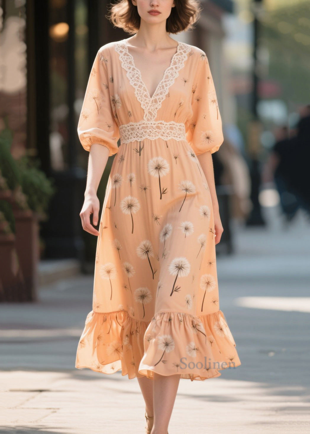 Fashion Orange Print Patchwork Chiffon Long Dress Summer