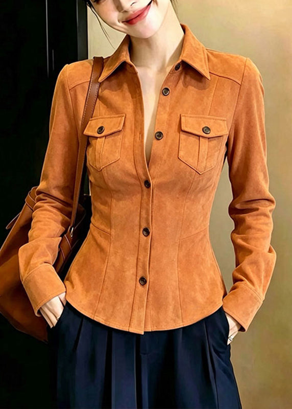 Fashion Orange Shirt Button Peter Pan Collar Long Sleeve