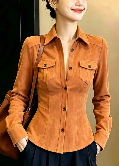 Fashion Orange Shirt Button Peter Pan Collar Long Sleeve
